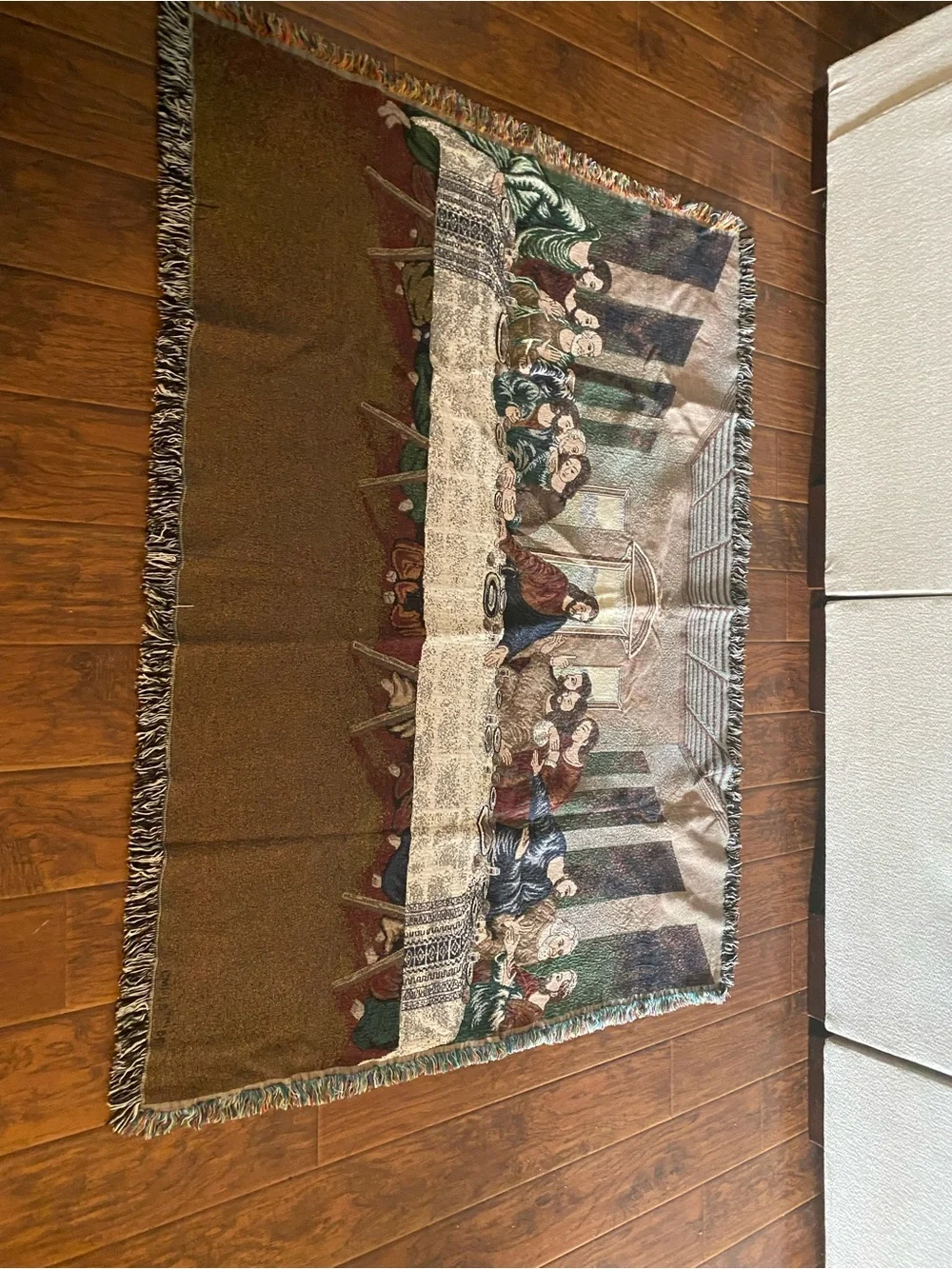 Vintage THE LAST SUPPER Throw Blanket Jesus Apostles Religious Tapestry Fringe